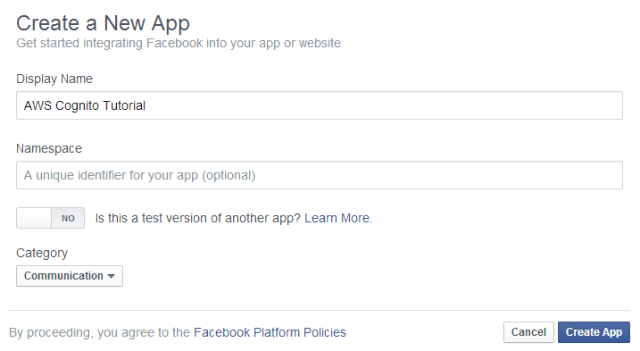 AWS Cognito Facebook Create App