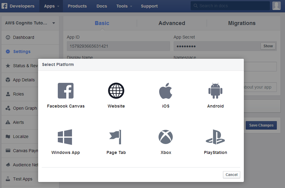 AWS Cognito Facebook Add Platform